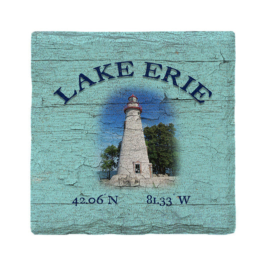 Lake Erie Lighthouse Blue Latitude Longitude Drink Coaster Set