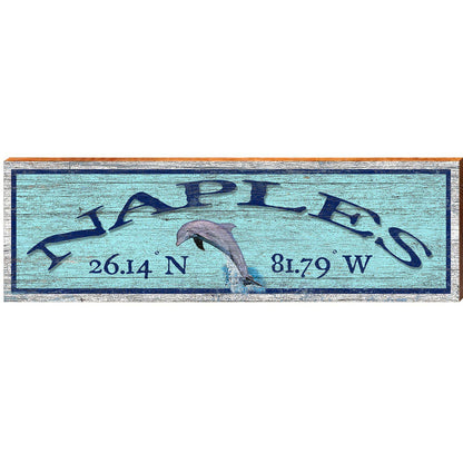 Naples Dolphin Blue Latitude Longitude | Wall Art Print on Real Wood