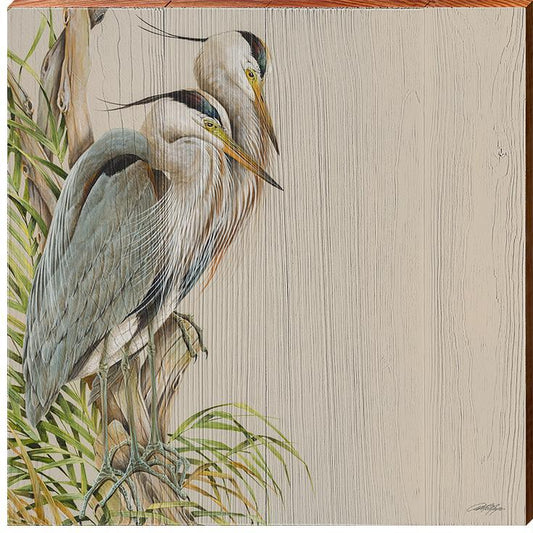 Great Blue Herons Wooden Artwork | Wall Art Print on Real Wood | Artist: Art Lamay | Coastal Beach Sign Decor