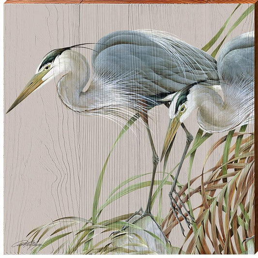 Herons In Marsh Wooden Artwork | Wall Art Print on Real Wood | Artist: Art Lamay | Coastal Beach House Home Decor
