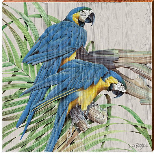 Coastal Blue Parrots Wooden Artwork | Wall Art Print on Real Wood | Artist: Art Lamay | Beach House Home Decor