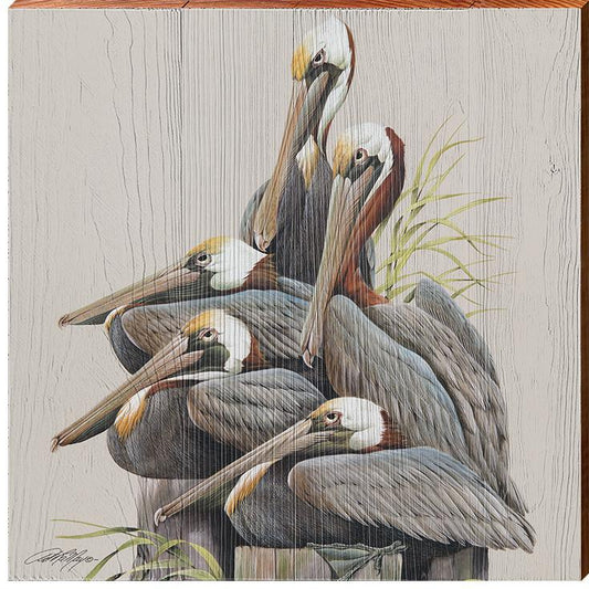 Coastal Pelicans Wooden Artwork | Wall Art Print on Real Wood | Coastal Beach Sign Decor