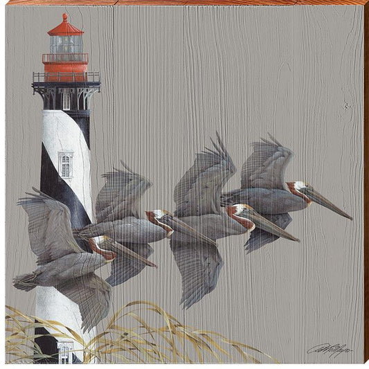 Pelicans in Flight Wooden Artwork | Wall Art Print on Real Wood | Artist: Art Lamay | Coastal Beach House Home Decor