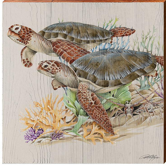 Sea Turtles Swimming Wooden Artwork | Wall Art Print on Real Wood | Artist: Art Lamay | Coastal Beach House Home Decor