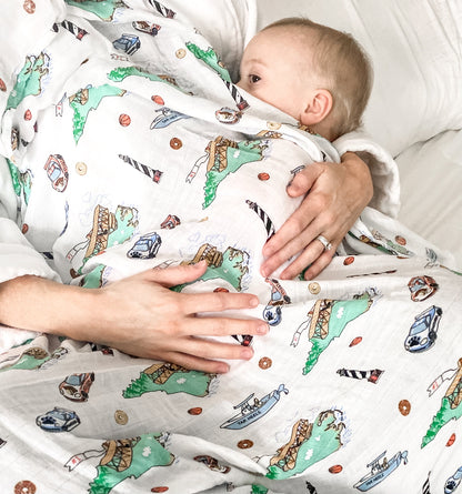 Gift Set: North Carolina Baby Muslin Swaddle Blanket and Burp Cloth/Bib Combo Soft Breathable Bamboo Cotton