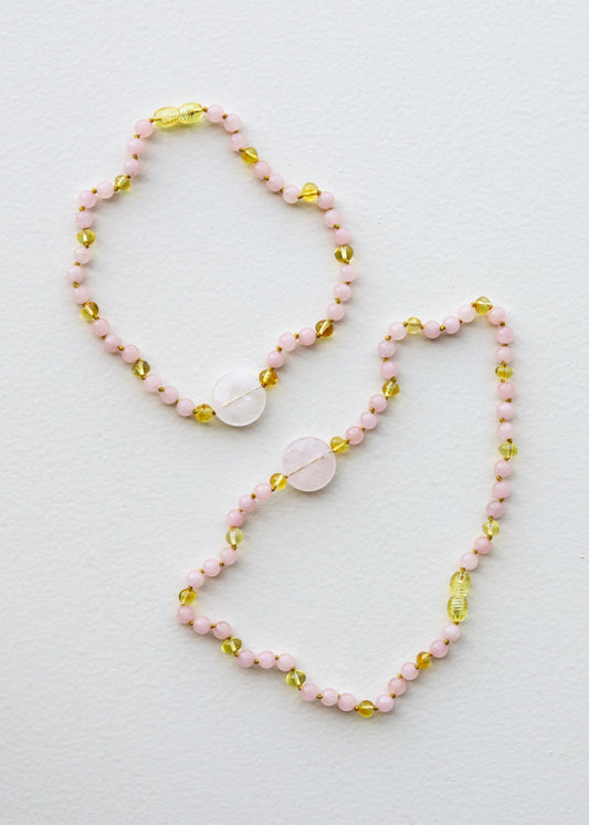 Rose Quartz + Honey Baltic Sea Amber || Rose Quartz Stone || Necklace Set