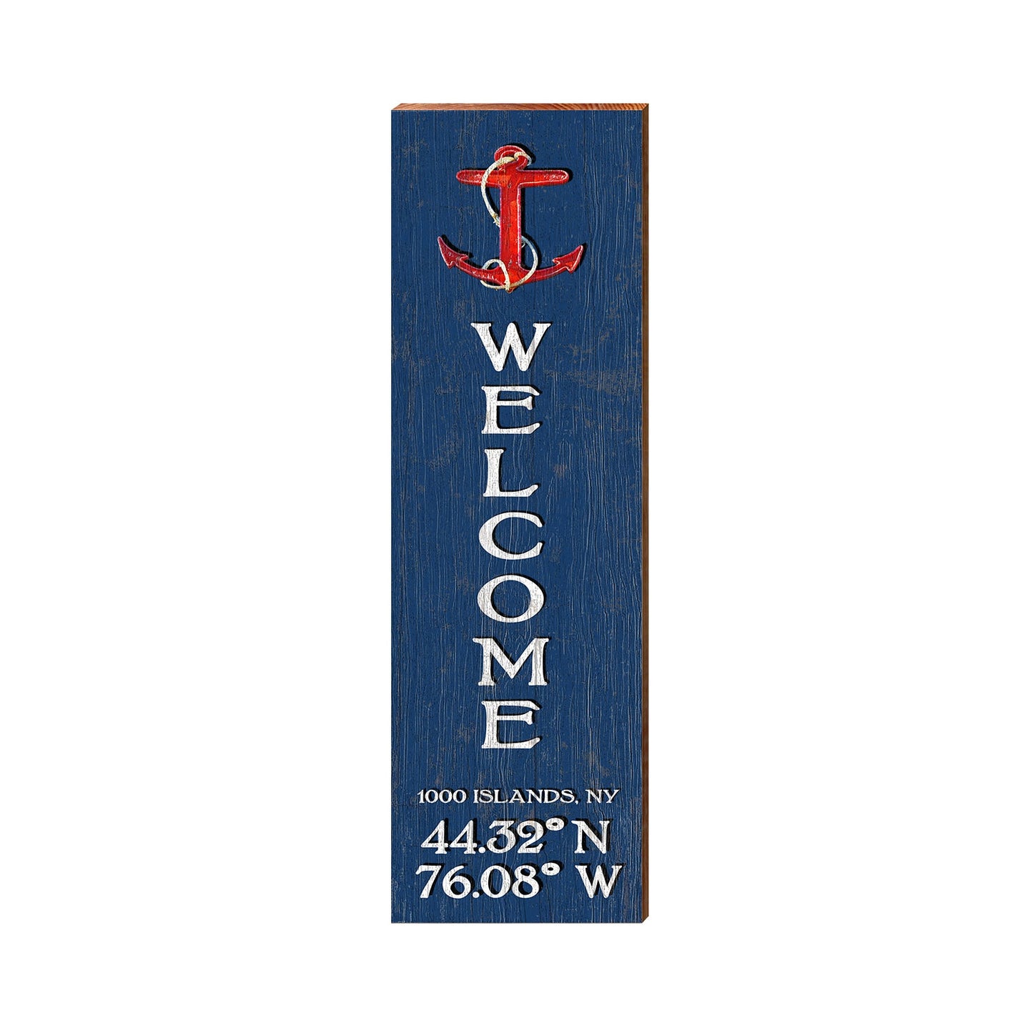 1000 Islands Red Anchor Welcome Latitude Longitude Vertical | Wall Art Print on Real Wood