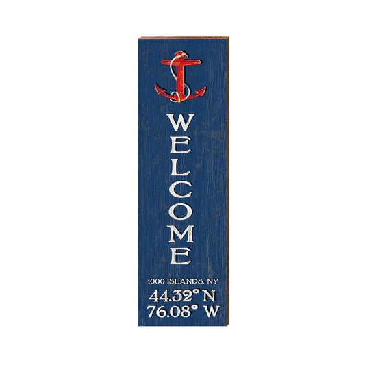 1000 Islands Red Anchor Welcome Latitude Longitude Vertical | Wall Art Print on Real Wood