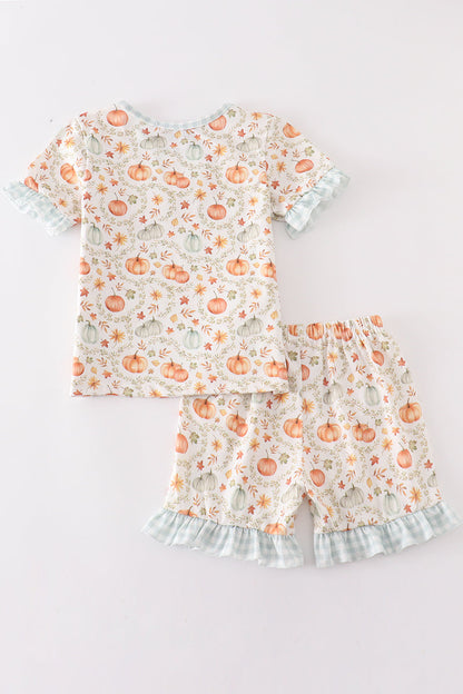 Green pumpkin print girl ruffle shorts set