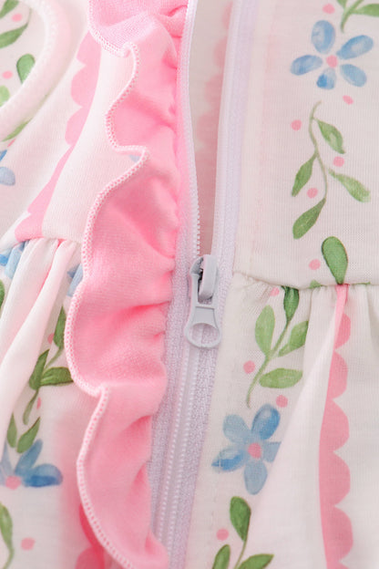Pink floral print girl ruffle hoodie dress