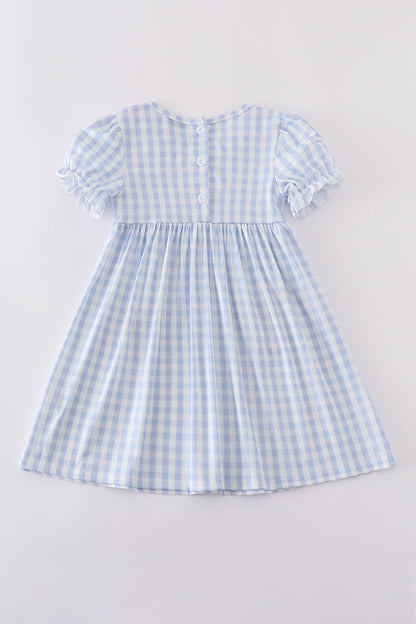 Blue character embroidery gingham ruffle dress
