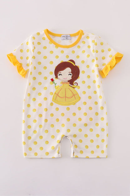Yellow character applique dot romper