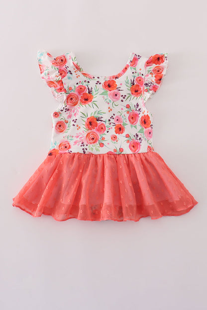 Coral floral print swiss dot leotard