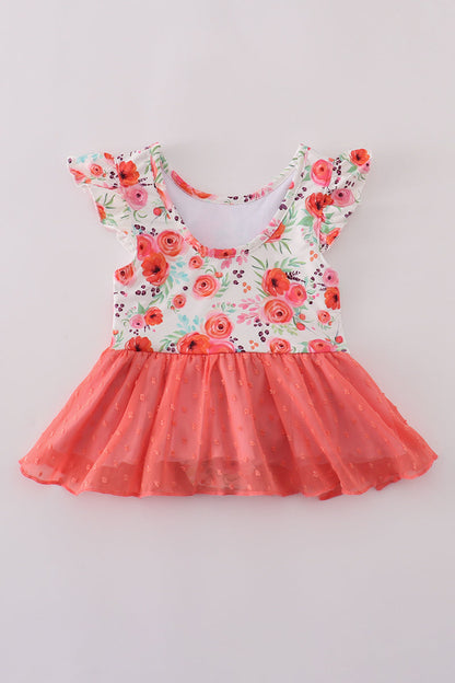 Coral floral print swiss dot leotard