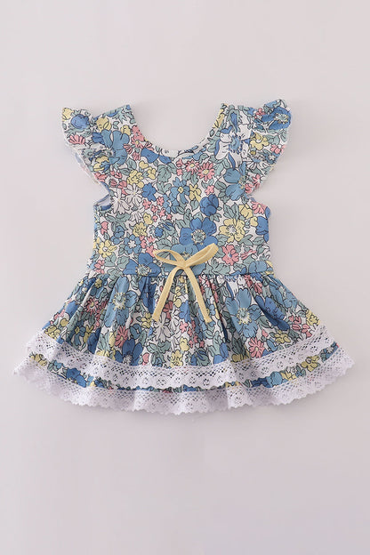 Blue floral lace ruffle leotard
