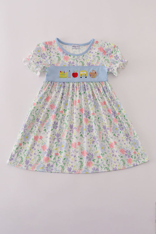 Floral print crayon apple embroidery ruffle dress