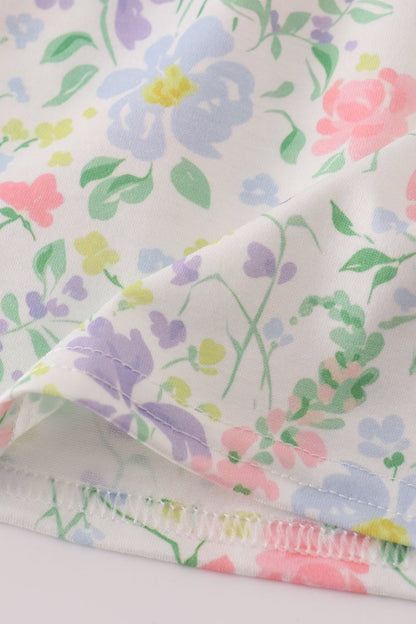 Floral print crayon apple embroidery ruffle dress