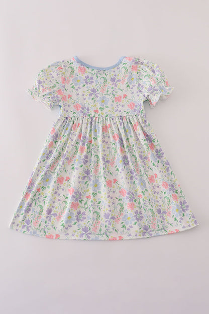 Floral print crayon apple embroidery ruffle dress
