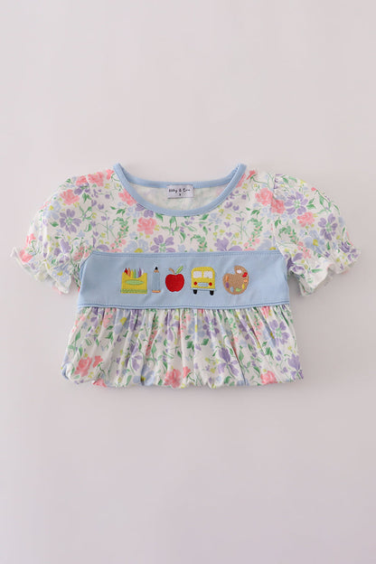 Floral print crayon apple embroidery ruffle dress