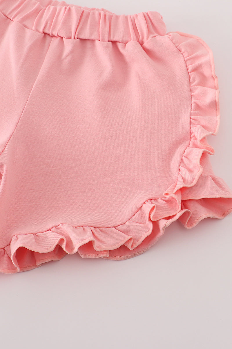 Pink stripe football french knot embroidery ruffle shorts set