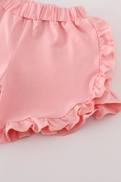 Pink stripe football french knot embroidery ruffle shorts set