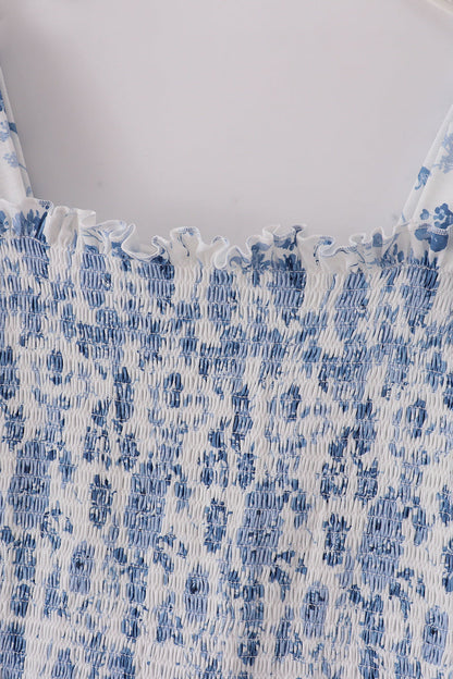 Blue smocked floral print mom dress