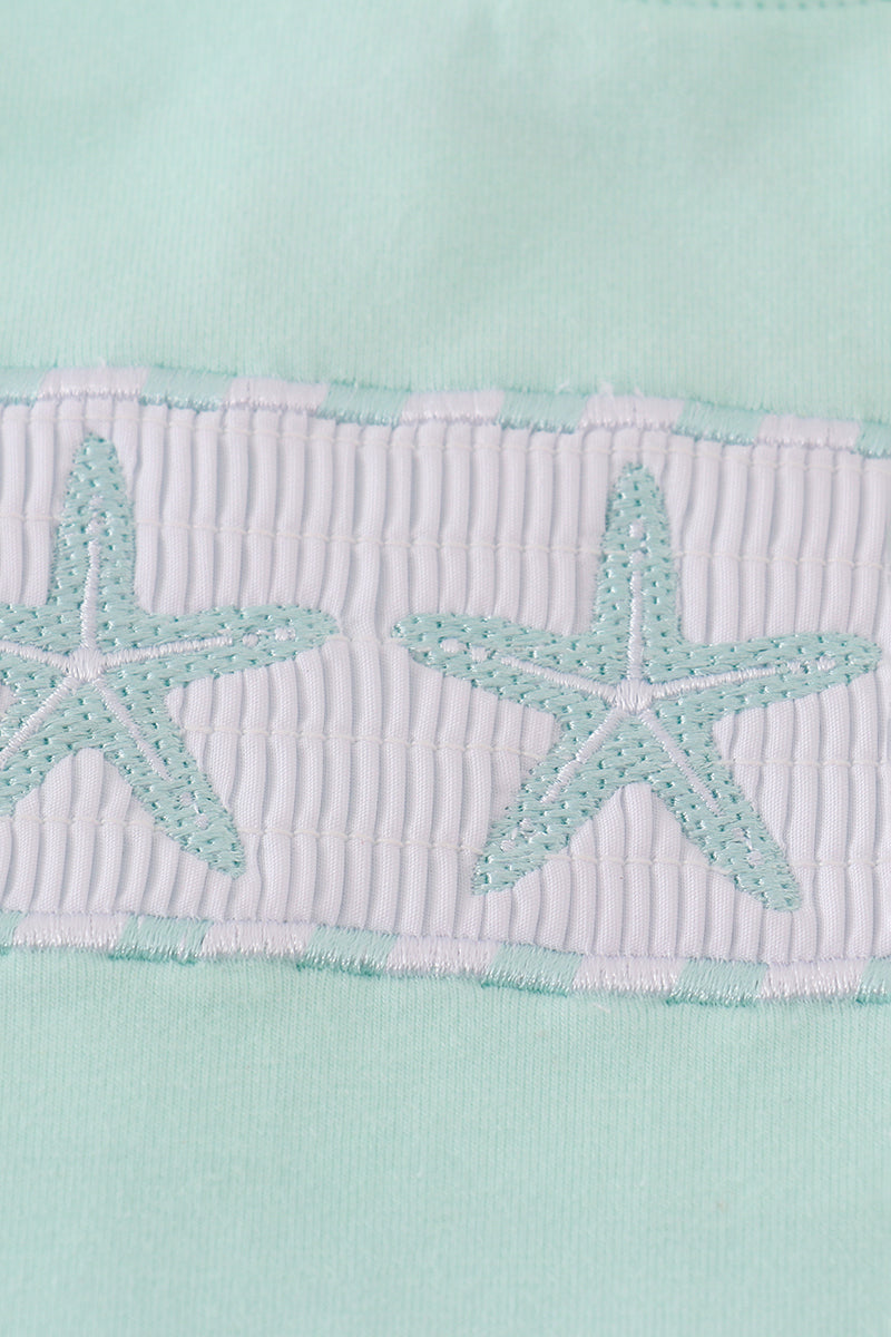 Green starfish embroidery smocked shorts set