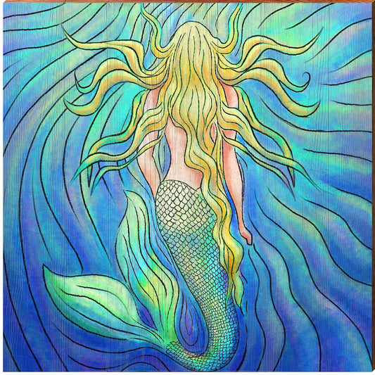 Watercolor Mermaid - Blonde - | Wall Art Print on Real Wood