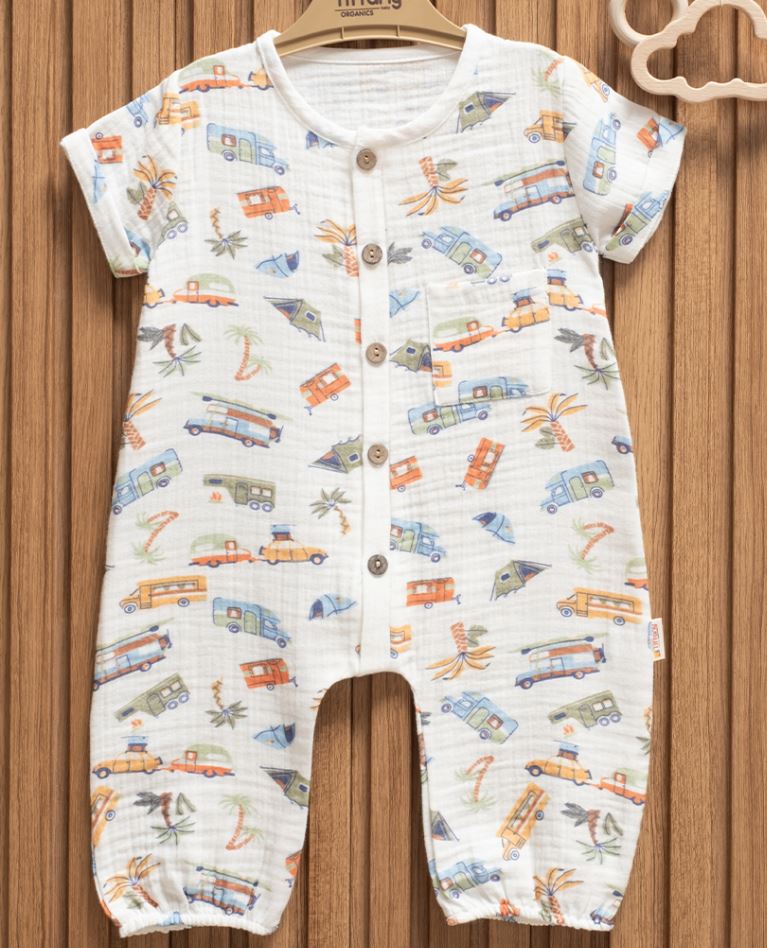 Muslin Camper Print Baby Romper – 100% Cotton Summer Outfit