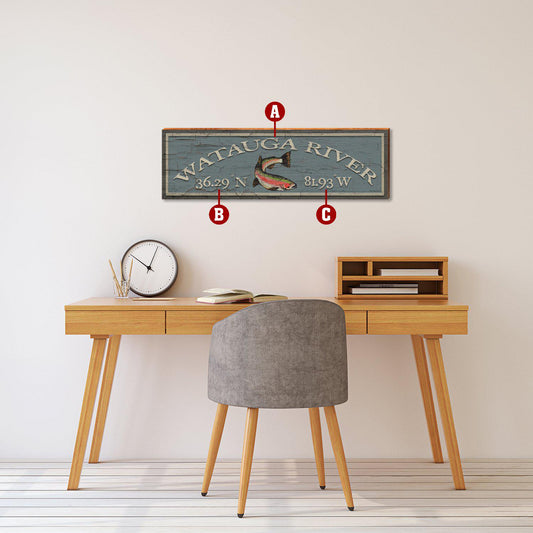 Lodge Blue with Rainbow Trout Latitude Longitude Customizable | Wall Art Print on Real Wood