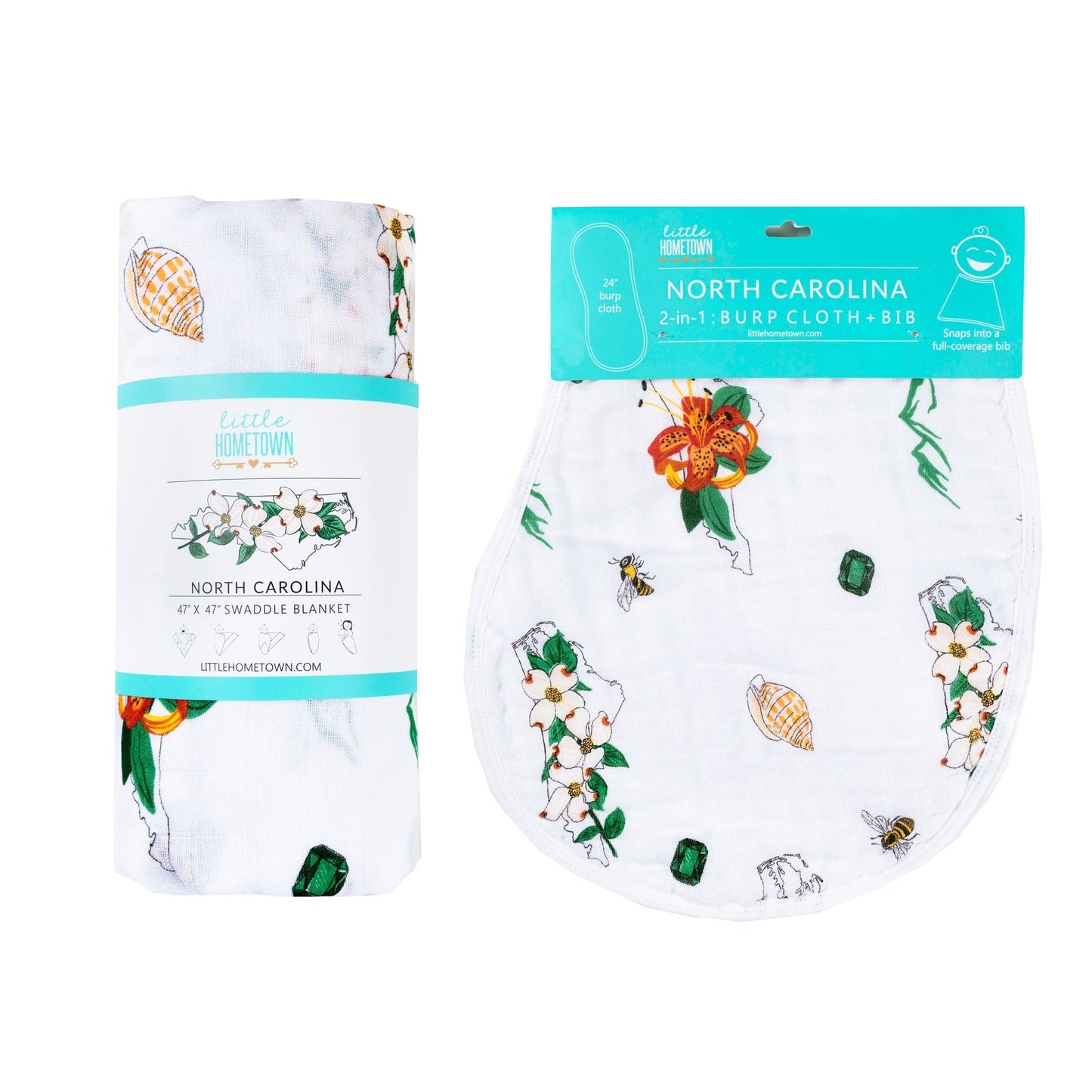 Gift Set: North Carolina Baby Muslin Swaddle Blanket and Burp Cloth/Bib Combo (Floral) Baby Shower Essential for Newborn