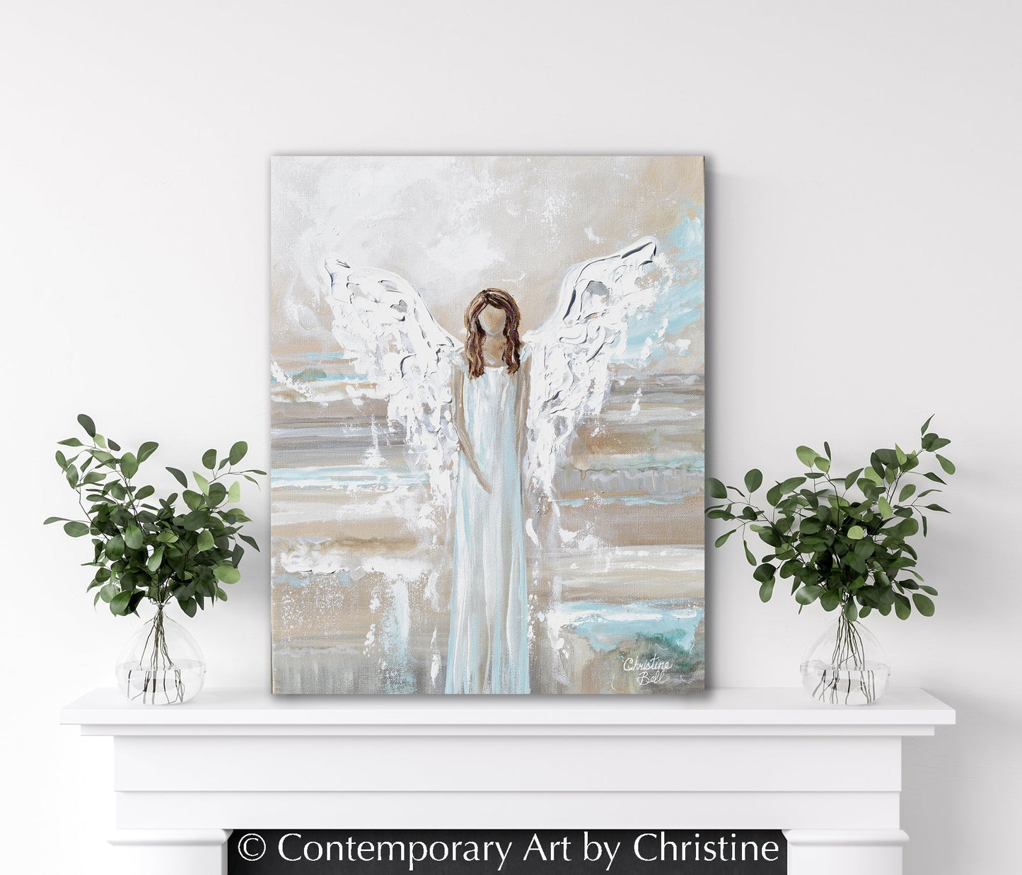"Walking in Grace" GICLEE PRINT, Angel Painting, Modern Blue Grey Guardian Angel