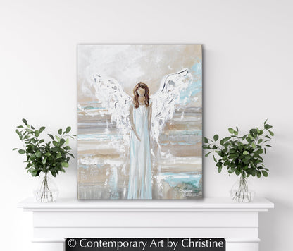 "Walking in Grace" GICLEE PRINT, Angel Painting, Modern Blue Grey Guardian Angel