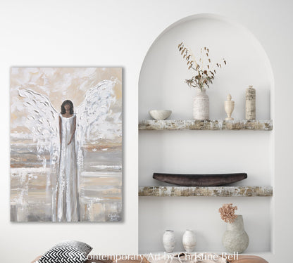 "Embracing Peace" GICLEE PRINT, Angel Painting, Modern Neutral Guardian Angel