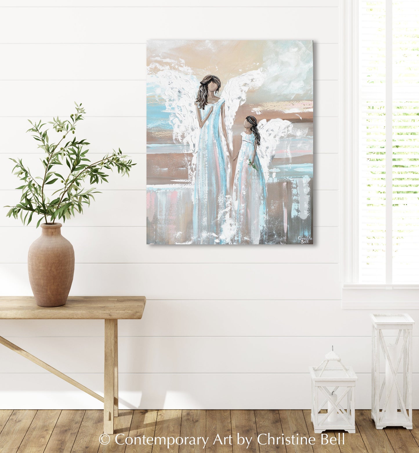 "Her Angel" Abstract Angel Painting 2 Guardian Angels Mother Daughter
