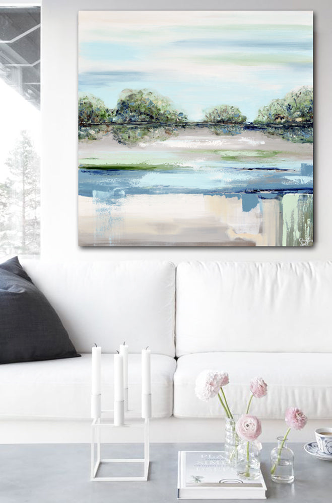 "Morning Meditation" GICLEE PRINT Art Coastal Abstract Painting Blue Green Grey Modern Landscape Trees