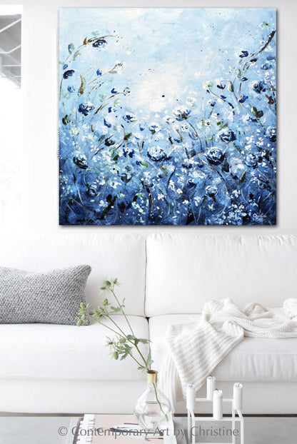 "Moonlight Symphony" GICLEE PRINT Art Abstract Floral Painting Blue White Flowers