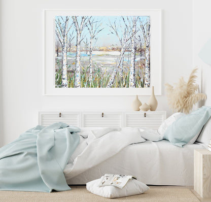 "Just Breathe" Giclee Print Art Abstract Landscape Painting Birch Trees Light Blue White