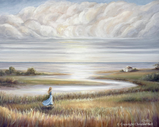 "In Her Own World" GICLÉE PRINT Landscape Oil Painting, Coastal Seascape Beach Figurative w/ Girl  30x24"