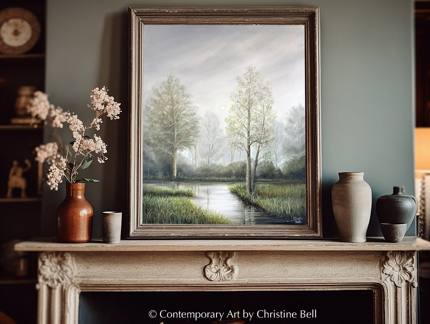 "Silent Solitude" GICLÉE PRINT Landscape Oil Painting, Misty Trees, Meadow, Stream