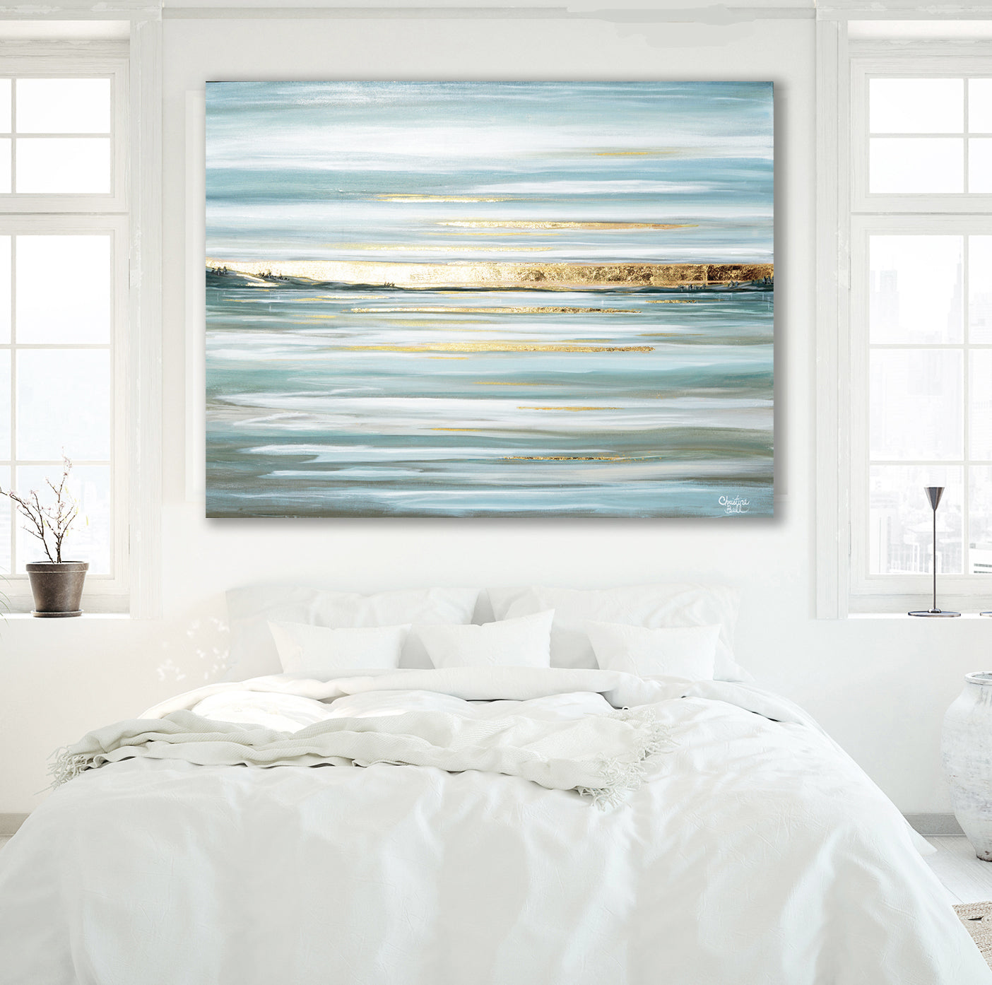 "Idyllic Pause" GICLÉE PRINT, Modern Coastal Seascape, Gold Leaf
