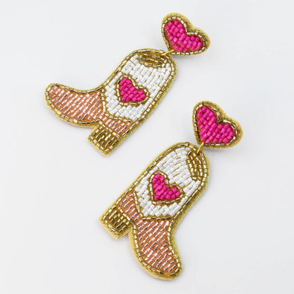 Pink Heart Boot Beaded Earrings