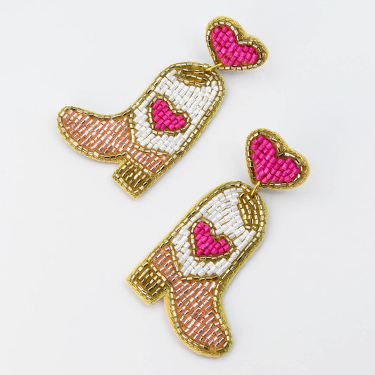 Pink Heart Boot Beaded Earrings