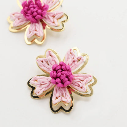 Pink Raffia Flower Stud A49