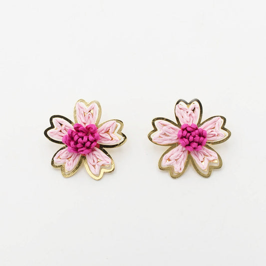 Pink Raffia Flower Stud A49