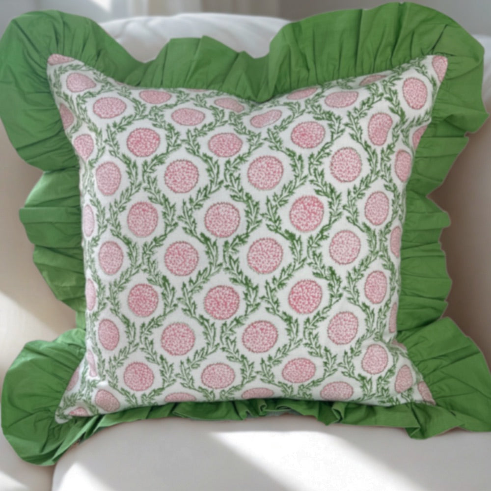 Pink Flowers and Vines - Ruffle Pillow Cover