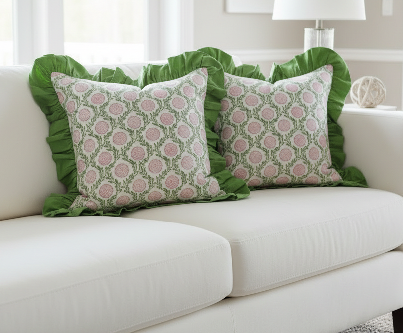 Pink Flowers and Vines - Ruffle Pillow Cover