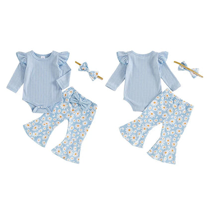 Baby Girl 3Pcs Fall Outfit Long Sleeve Ribbed Romper Daisy Flower Flare Pants Bow Headband Set