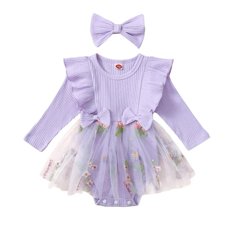 Baby Toddler Girls 2Pcs Outfit Floral Mesh Ruffles Long Sleeve Romper Dress Skirt Tutu and Headband Set