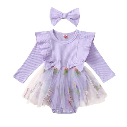 Baby Toddler Girls 2Pcs Outfit Floral Mesh Ruffles Long Sleeve Romper Dress Skirt Tutu and Headband Set